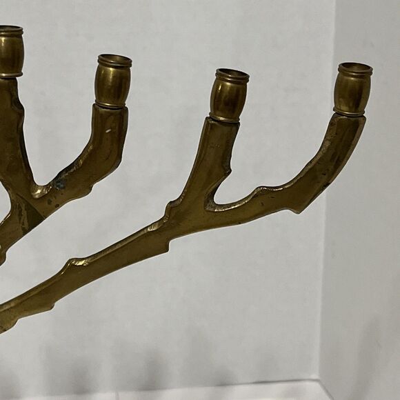 Vintage Solid Brass MCM Brutalist Style Tree Of Life Menora Judaica 10” Patina - Picture 5 of 12